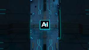 Computer circuit board close-up featuring a glowing square labeled "AI" with blue interconnected lines.