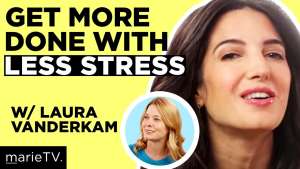 Get More Done with Less Stress w/ Laura Vanderkam on marieTV, host and guest in circular frame.