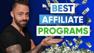 Man with tattoos and dollar bills falling around him, text "Best Affiliate Programs" on a blue background.