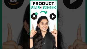 Person pointing upward with text "PRODUCT URL TO VIDEO," Amazon logo, play button, and arrow.